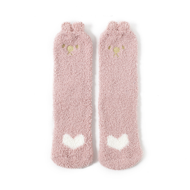 Coral Velvet Embroidery Home Crew Socks Cute Catlike Ears Floor Socks Sleeping Socks Female Perspective Socks Fluffy Fuzzy Socks